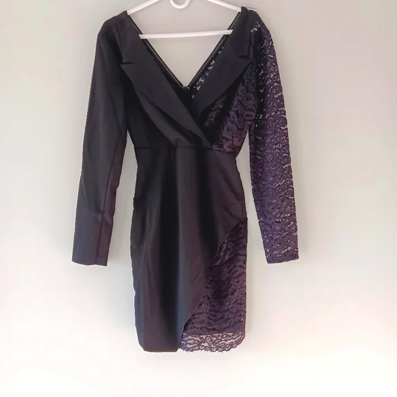 VENUS | Dresses | Venus Black Longsleeves Lace Mini Dress Faux Wrap Deep  Vneck Size 4 | Poshmark